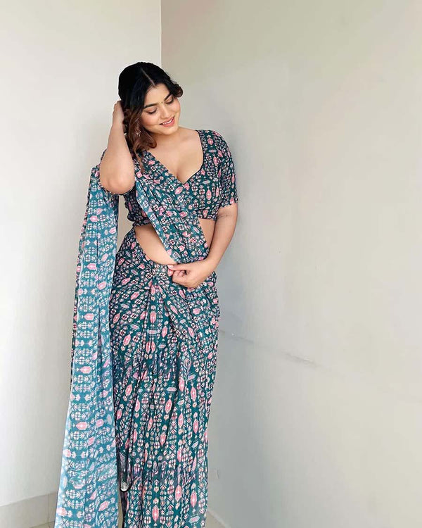 Grey Color 1-Minute Ready To Wear Georgette Saree With Blouse Piece