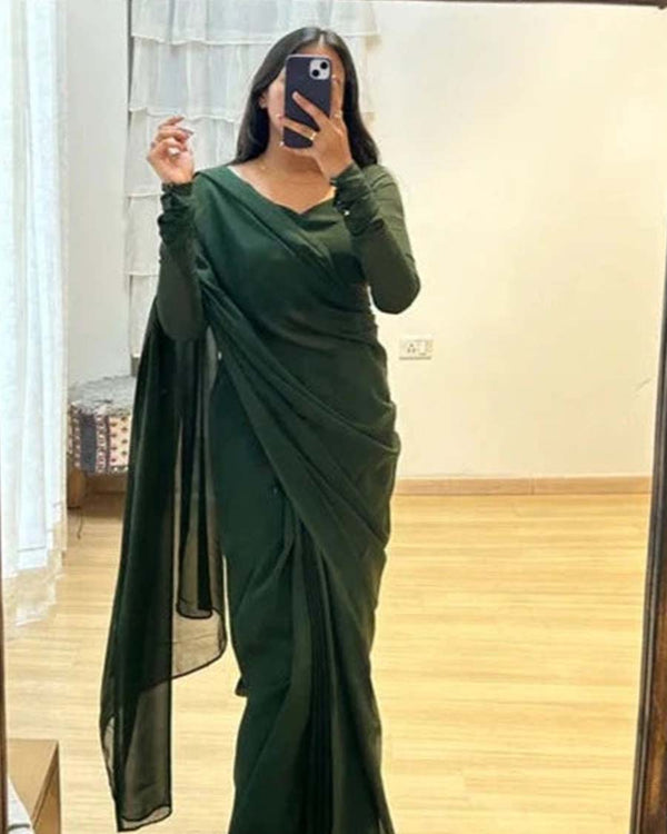 Green Color 1-Minute Ready To Wear Georgette Saree With Blouse Piece