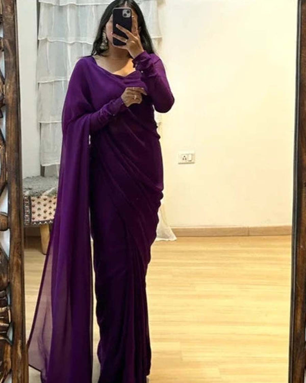 Purple Color 1-Minute Ready To Wear Georgette Saree With Blouse Piece