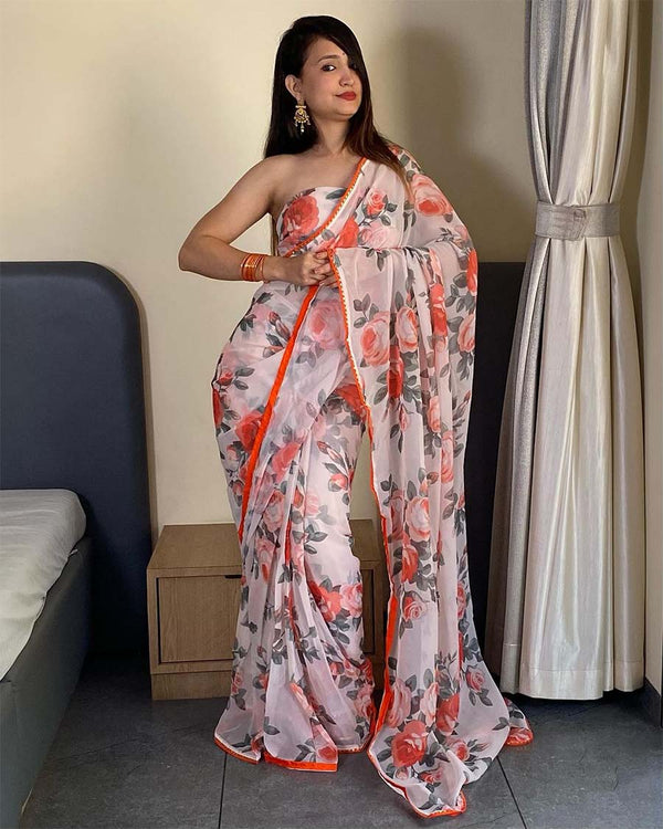 White Color 1-Minute Ready To Wear Georgette Saree With Blouse Piece