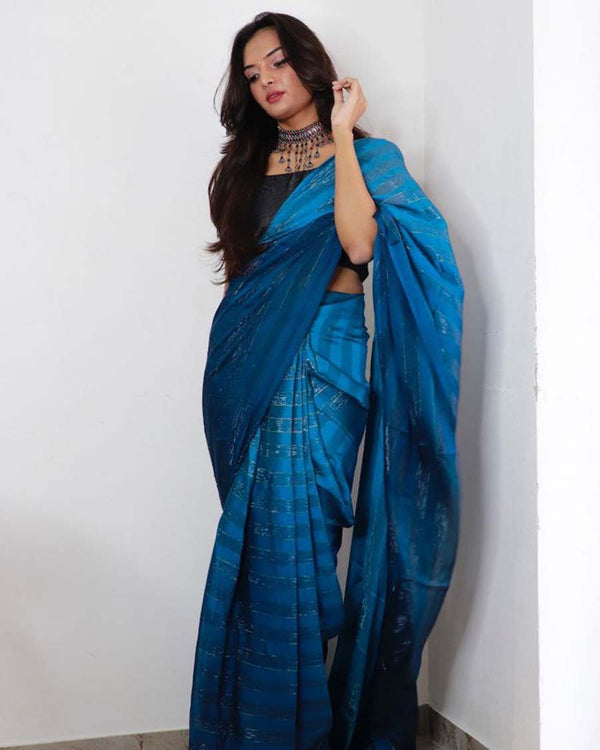Dark Blue Color 1-Minute Ready To Wear Georgette Saree With Blouse Piece