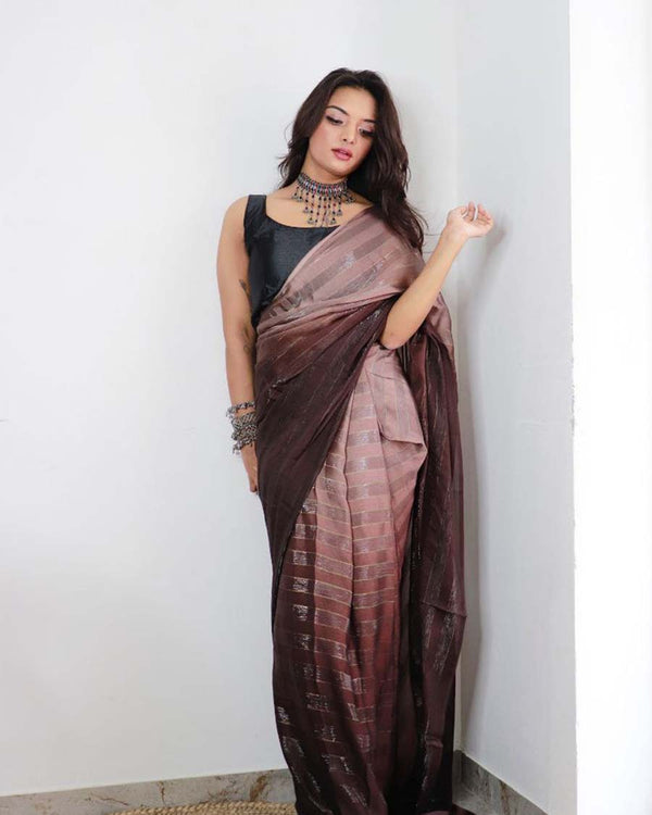 Brown Color 1-Minute Ready To Wear Georgette Saree With Blouse Piece
