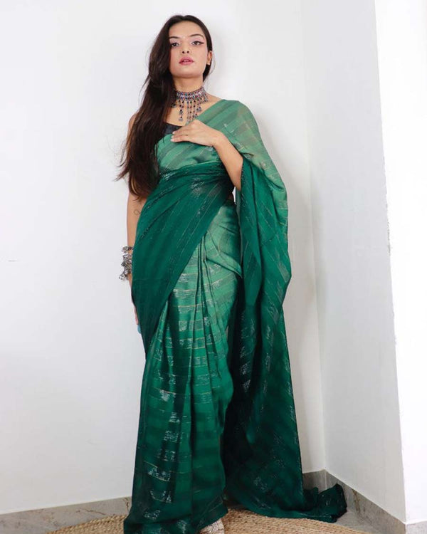 Bottle Green Color 1-Minute Ready To Wear Georgette Saree With Blouse Piece