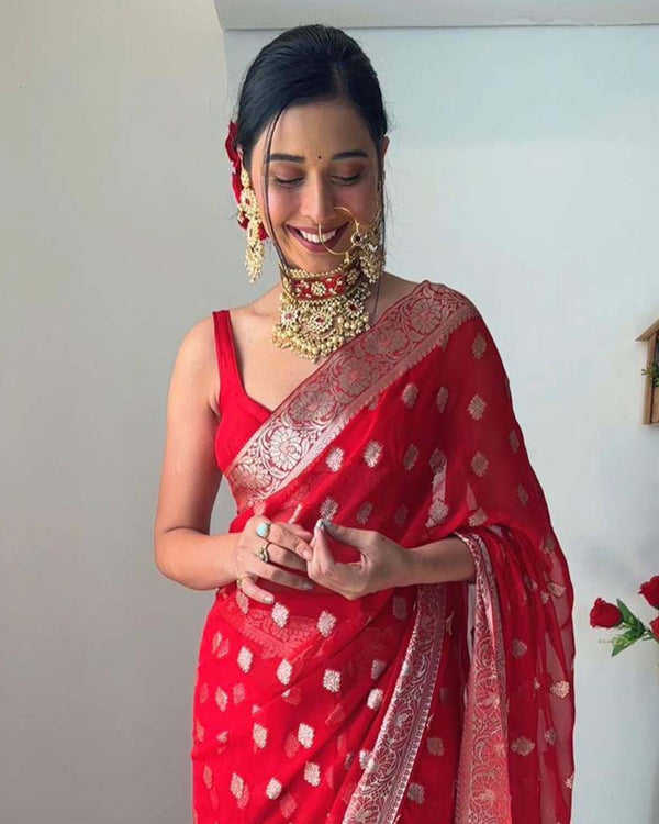 Red Color Best Selling 1 Minute Ready To Wear Soft Banarasi Silk Saree With Golden Zari Work