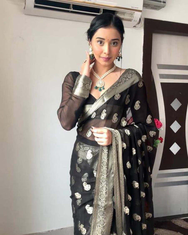 Black Color 1 Minute Ready To Wear Soft Banarasi Silk Saree With Silver Zari Work