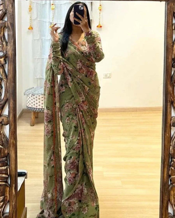 Rust Color 1-Minute Ready To Wear Georgette Saree With Blouse Piece