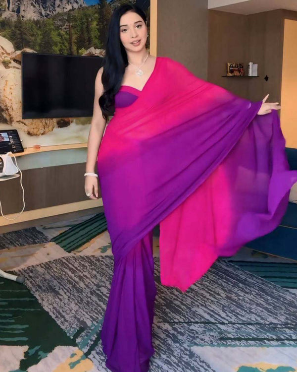 Pink And Purple Colour 1-Minute Ready To Wear Georgette Saree With Blouse Piece