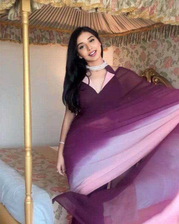 Wine And Calm Pink Colour 1-Minute Ready To Wear Georgette Saree With Blouse Piece