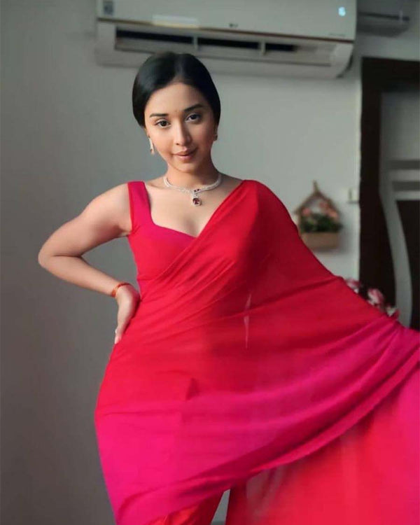 Red Colour 1-Minute Ready To Wear Georgette Saree With Blouse Piece