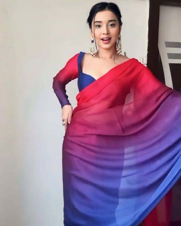 Navy Blue And Maroon Colour 1-Minute Ready To Wear Georgette Saree With Blouse Piece