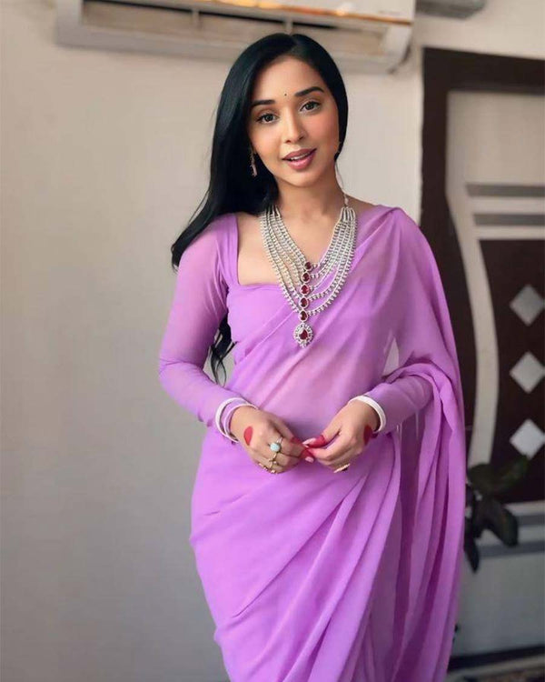 Purple Colour 1-Minute Ready To Wear Georgette Saree With Blouse Piece