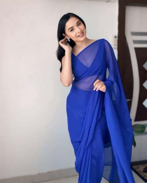 Blue  Colour 1-Minute Ready To Wear Georgette Saree With Blouse Piece