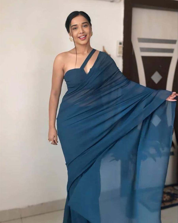 Rama Colour 1-Minute Ready To Wear Georgette Saree With Blouse Piece