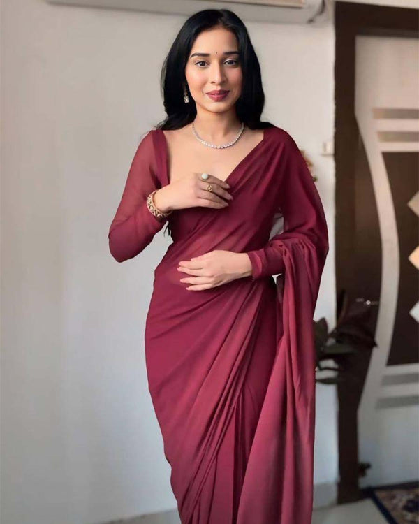 maroon  Colour 1-Minute Ready To Wear Georgette Saree With Blouse Piece