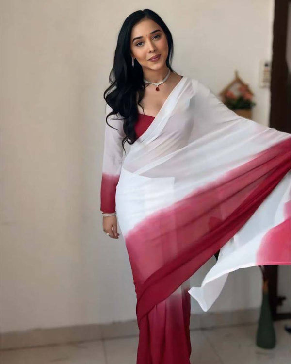 White And Red  Colour 1-Minute Ready To Wear Georgette Saree With Blouse Piece
