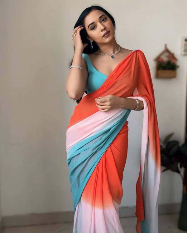 Orange And Blue Colour 1-Minute Ready To Wear Georgette Saree With Blouse Piece