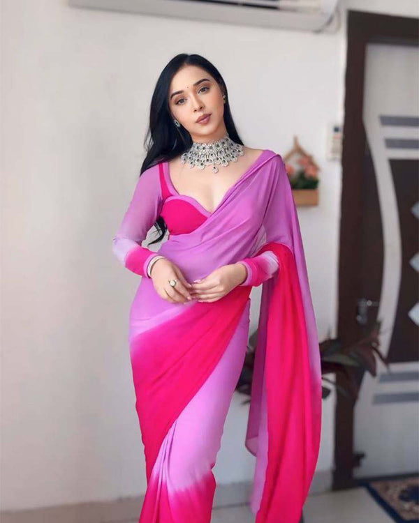 Red And Pink  Colour 1-Minute Ready To Wear Georgette Saree With Blouse Piece