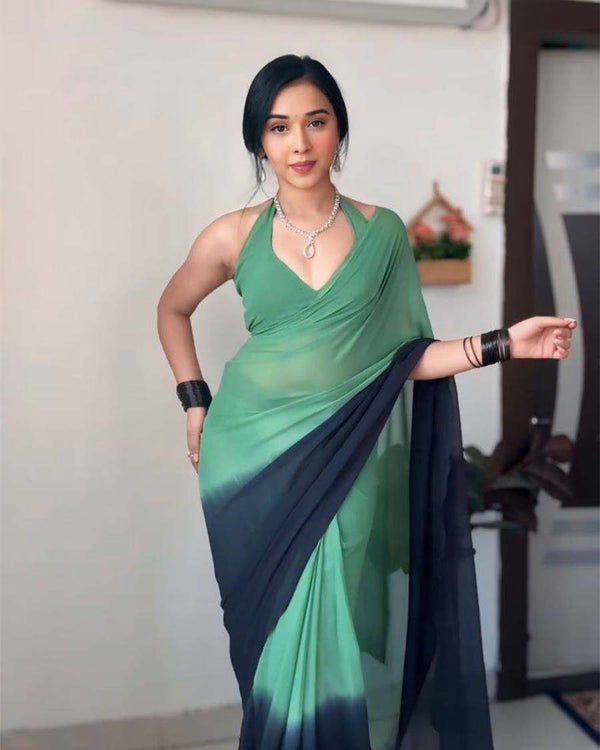 Green Colour 1-Minute Ready To Wear Georgette Saree With Blouse Piece