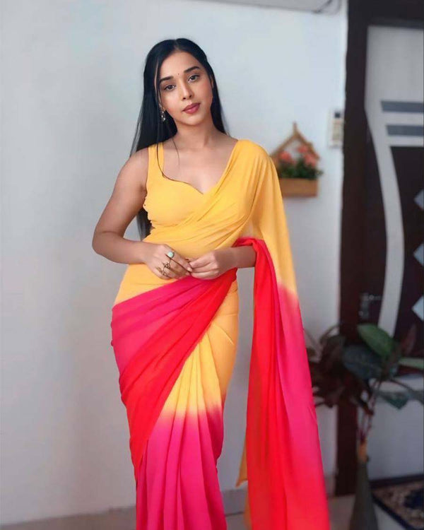 Yellow And Red Color 1-Minute Ready To Wear Georgette Saree With Blouse Piece