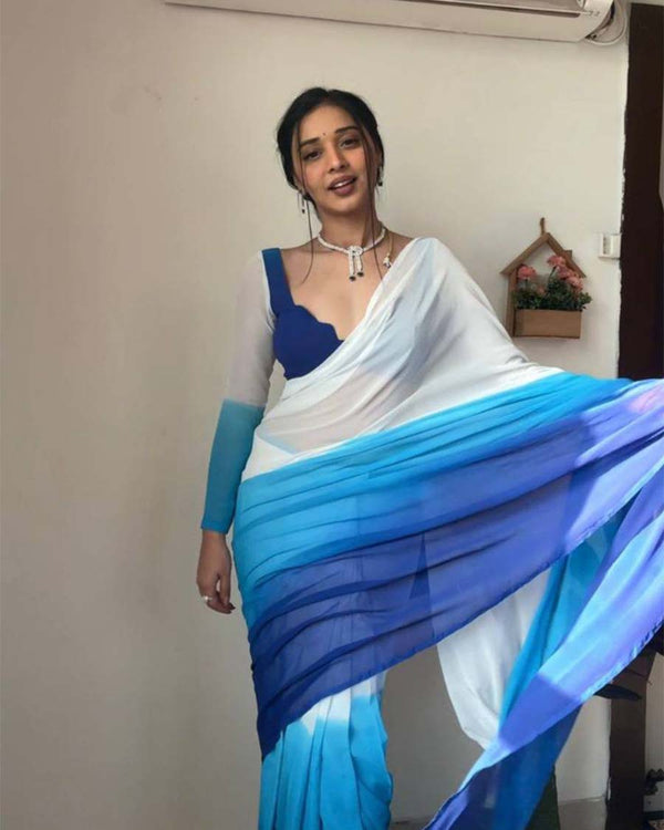 Blue And White Color 1-Minute Ready To Wear Georgettae Saree With Blouse Piece
