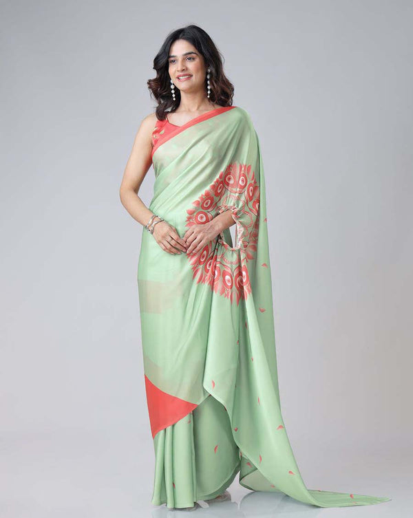 Light green Color 1 - Minute Ready to Wear Satin Silk Saree with Unstitch Blouse Piece