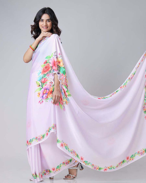 White Color 1 - Minute Ready to Wear Satin Silk Saree with Unstitch Blouse Piece
