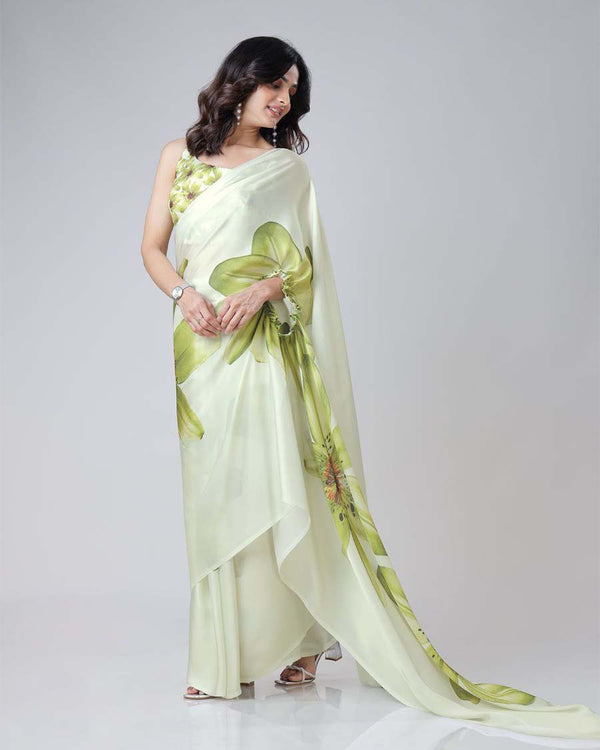 Light parrot green Color 1 - Minute Ready to Wear Satin Silk Saree with Unstitch Blouse Piece