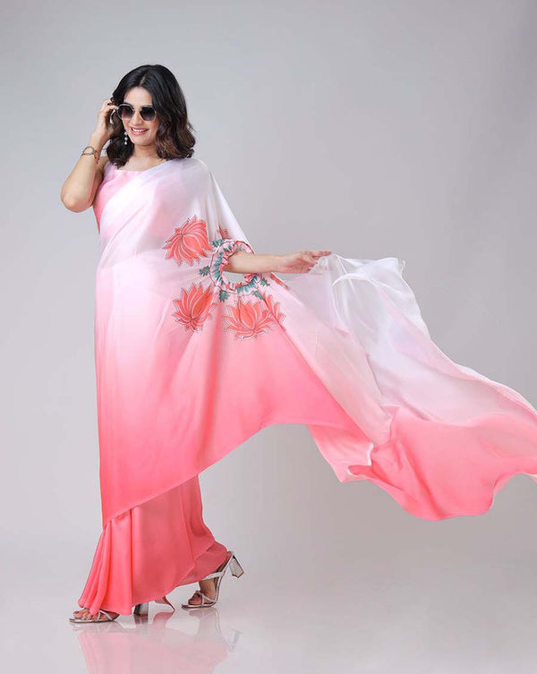 White and pink Color 1 - Minute Ready to Wear Satin Silk Saree with Unstitch Blouse Piece