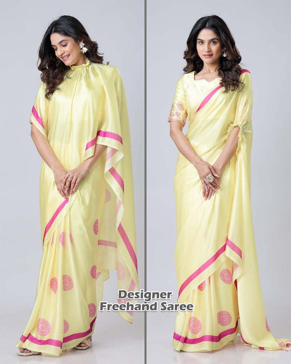 Light yellow Color 1 - Minute Ready to Wear Satin Silk Saree with Unstitch Blouse Piece