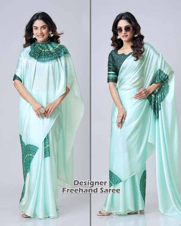 Light green Color 1 A- Minute Ready to Wear Satin Silk Saree with Unstitch Blouse Piece