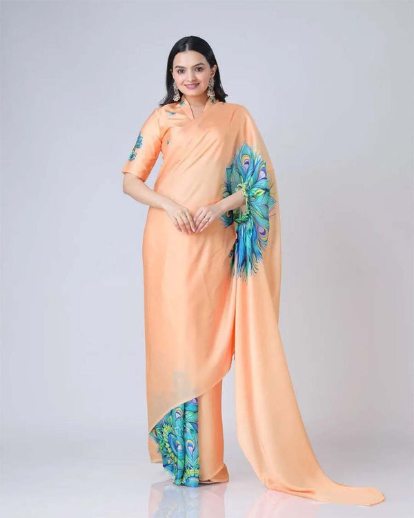 Peach Color 1 - Minute Ready to Wear satin silk Saree with Unstitch Blouse Piece