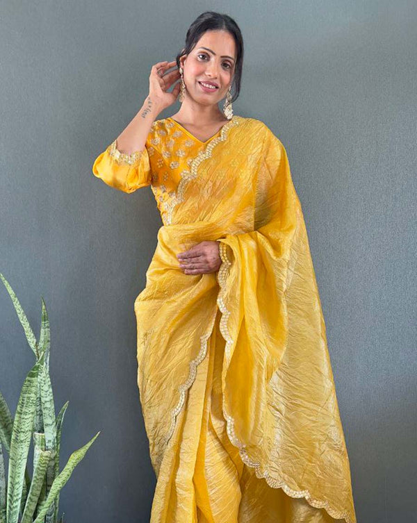 Yellow Color 1 - Minute Ready to Wear Crush Silk Saree with Fully Stitch Blouse (Free Size) Up to 44