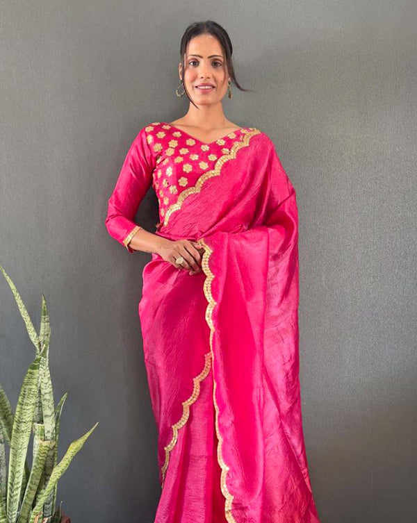 Pink Color 1 - Minute Ready to Wear Crush Silk Saree with Fully Stitch Blouse (Free Size) Up to 44