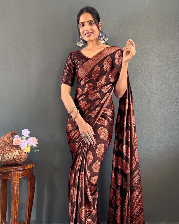 Brown Color 1 - Minute Ready to Wear Moss Silk Saree with Unstitch Blouse Piece