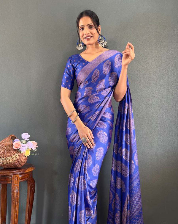 Blue Color 1 - Minute Ready to Wear Moss Silk Saree with Unstitch Blouse Piece