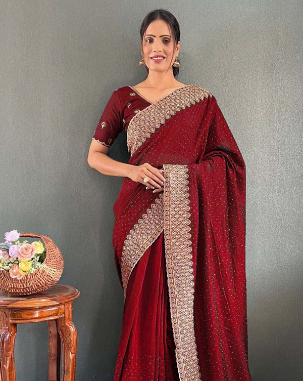 Maroon Color 1 - Minute Ready to Wear Vichitra silk Saree with Unstitch Blouse Piece