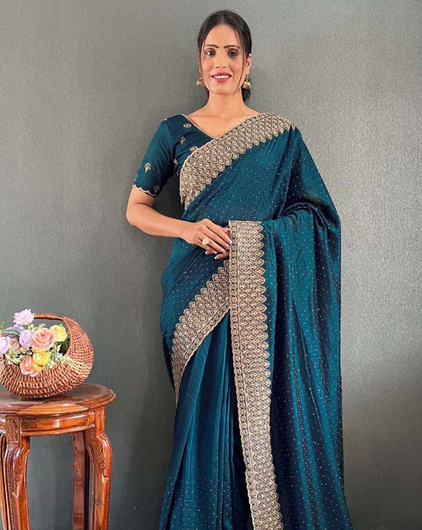 Blue Color 1 - Minute Ready to Wear Vichitra silk Saree with Unstitch Blouse Piece