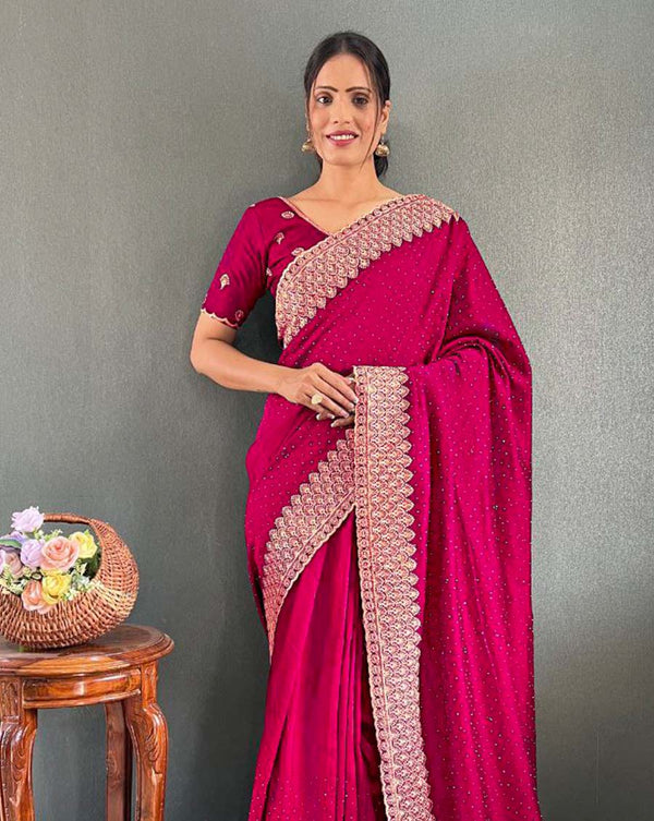 Pink Color 1 - Minute Ready to Wear Vichitra silk Saree with Unstitch Blouse Piece