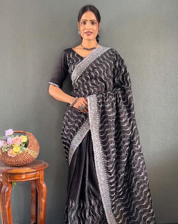 Black Color 1 - Minute Ready to Wear Chinnon Silk Saree with Unstitch Blouse Piece