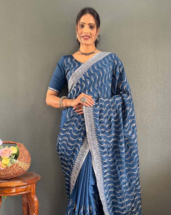 Neavy blue  Color 1 - Minute Ready to Wear Chinnon Silk Saree with Unstitch Blouse Piece