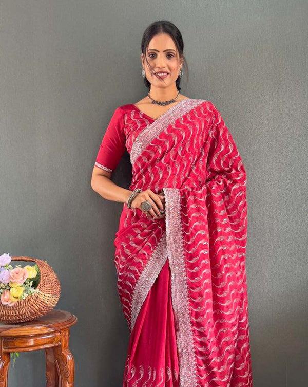 Pink Color 1 - Minute Ready to Wear Chinnon Silk Saree with Unstitch Blouse Piece