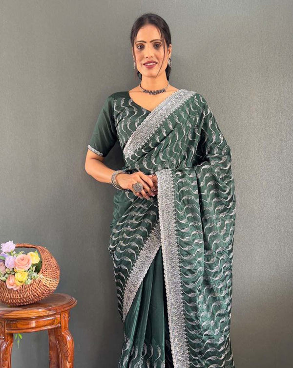 Green Color 1 - Minute Ready to Wear Chinnon Silk Saree with Unstitch Blouse Piece