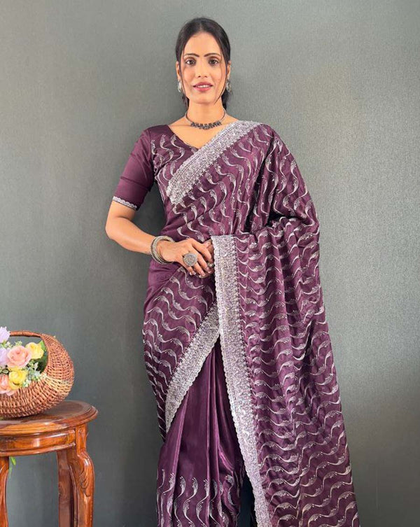 Purple Color 1 - Minute Ready to Wear Chinnon Silk Saree with Unstitch Blouse Piece