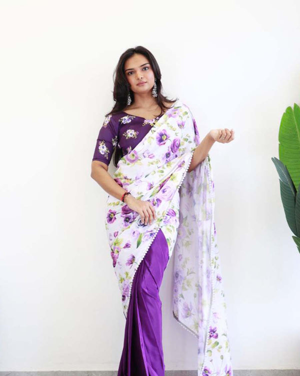 White and purple Color 1 - Minute Ready to Wear Natural Silk Saree with Unstitch Blouse Piece