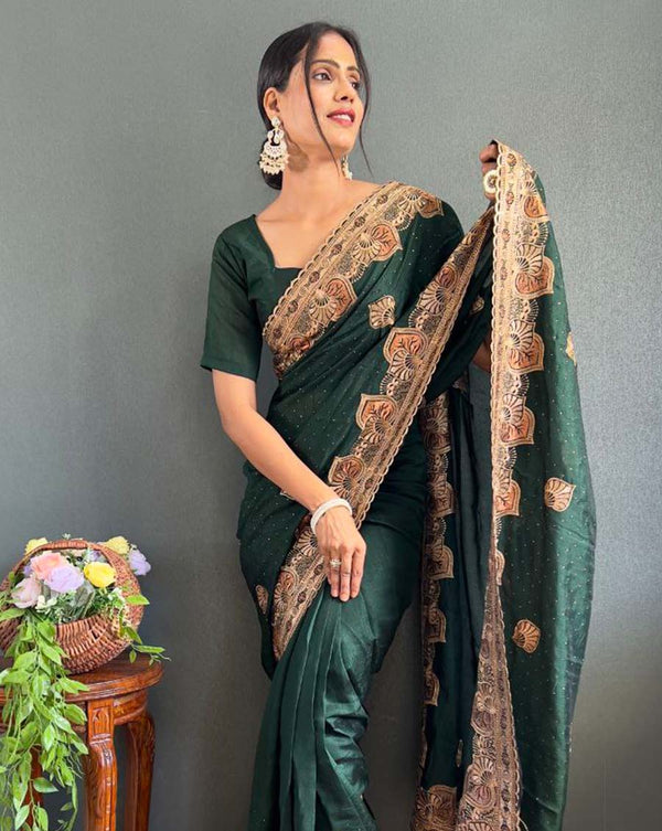 Green Color 1 - Minute Ready to Wear Vichitra silk Saree with Unstitch Blouse Piece