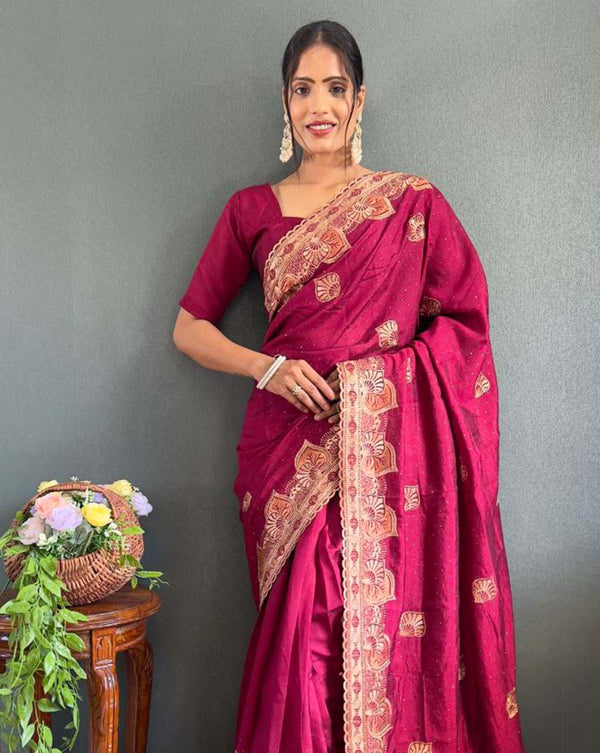 Maroon Color 1 - Minute Ready to Wear Vichitra silk Saree with Unstitch Blouse Piece