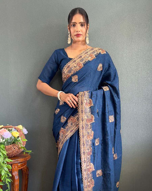 Bottle blue Color 1 - Minute Ready to Wear Vichitra silk Saree with Unstitch Blouse Piece
