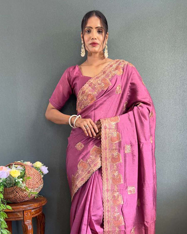 Light purple Color 1 - Minute Ready to Wear Vichitra silk Saree with Unstitch Blouse Piece