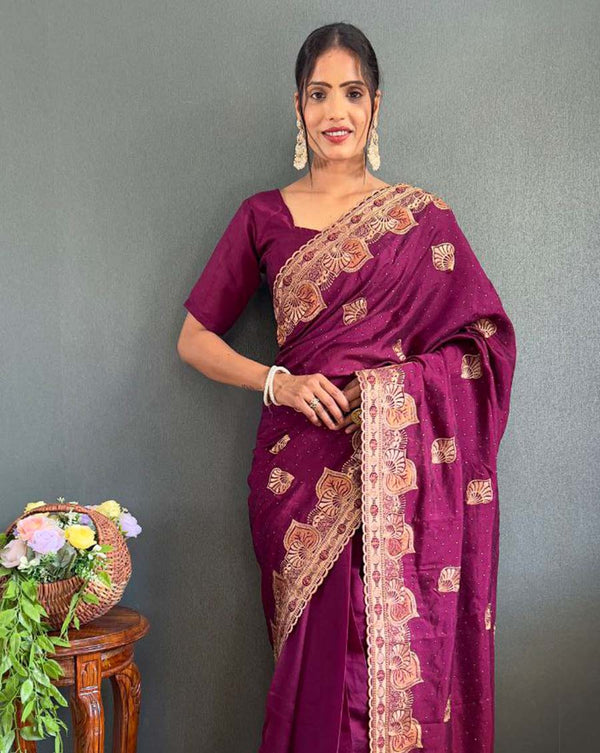 Purple Color 1 - Minute Ready to Wear Vichitra silk Saree with Unstitch Blouse Piece