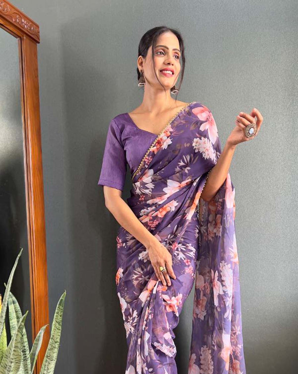 Purple Color 1 - Minute Ready to Wear Fux Georgette Saree with Unstitch Blouse Piece